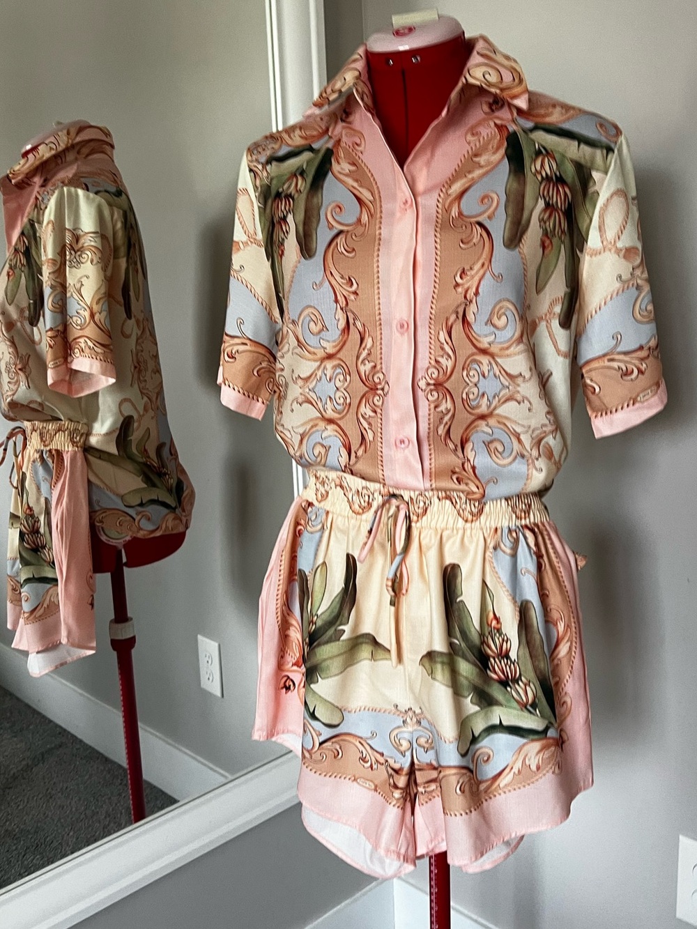 Faux FARM Rio Pink, Cream & Blue Printed Short Jumpsuit